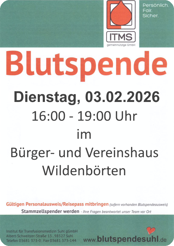 Blutspende am 3. Februar 2026 von 16:00 bis 19:00 Uhr im Bürger- und Vereinshaus Wildenbörten