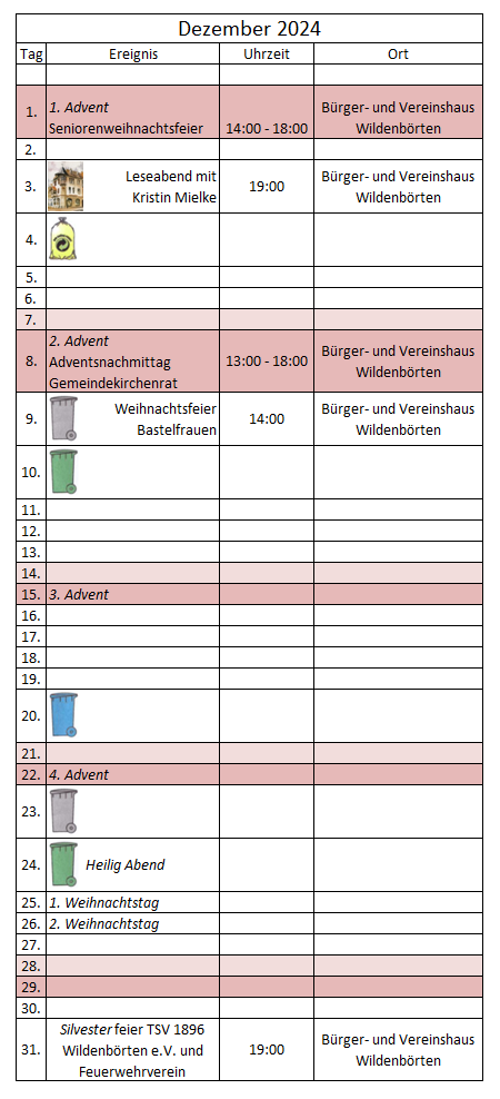 kalendarische Ereignisübersicht Dezember 2024