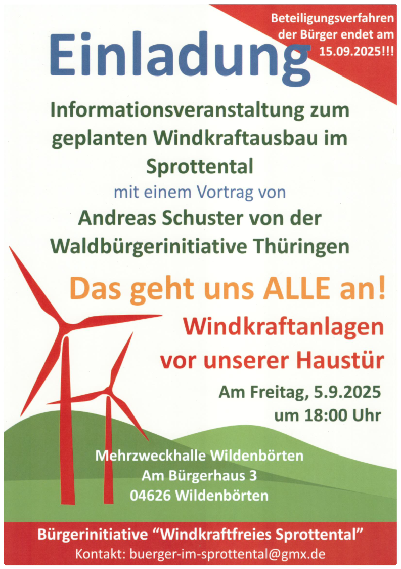Infoveranstaltung Windkraftausbau im Sprottental am 5.9.2025 um 18:00 Uhr in der Sport- und Mehrzweckhalle Wildenbörten