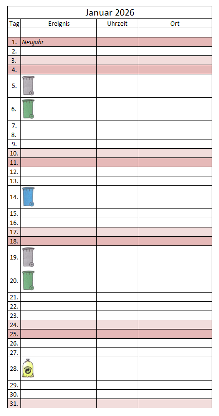 kalendarische Ereignisübersicht Januar 2026