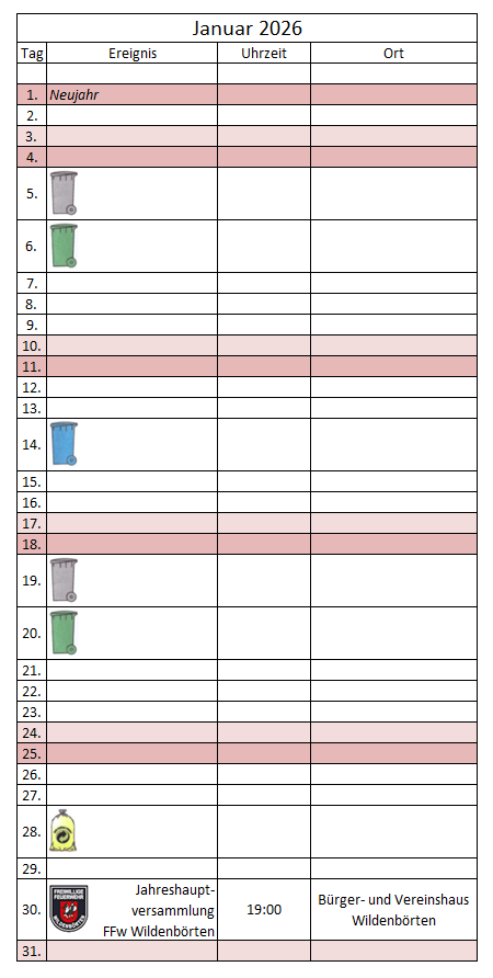 kalendarische Ereignisübersicht Januar 2026
