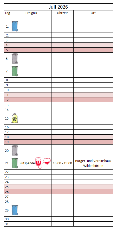 kalendarische Ereignisübersicht Juli 2026