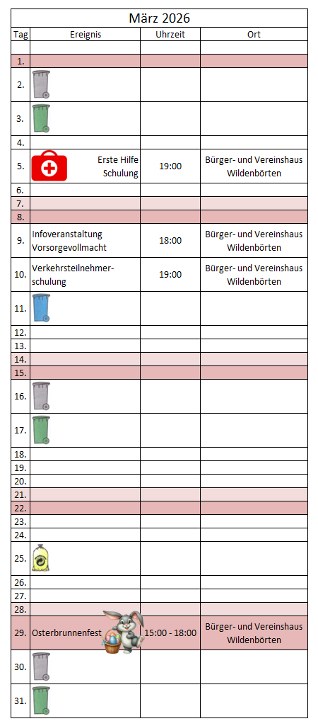 kalendarische Ereignisübersicht März 2026
