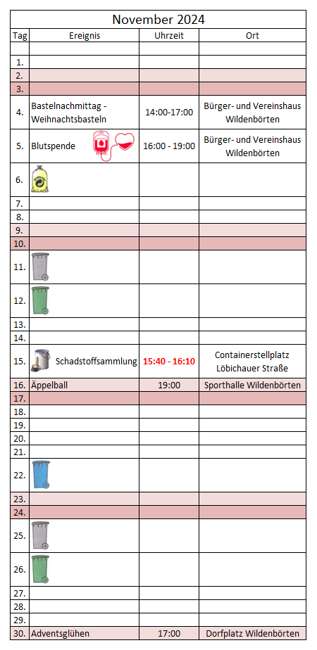 kalendarische Ereignisübersicht November 2024