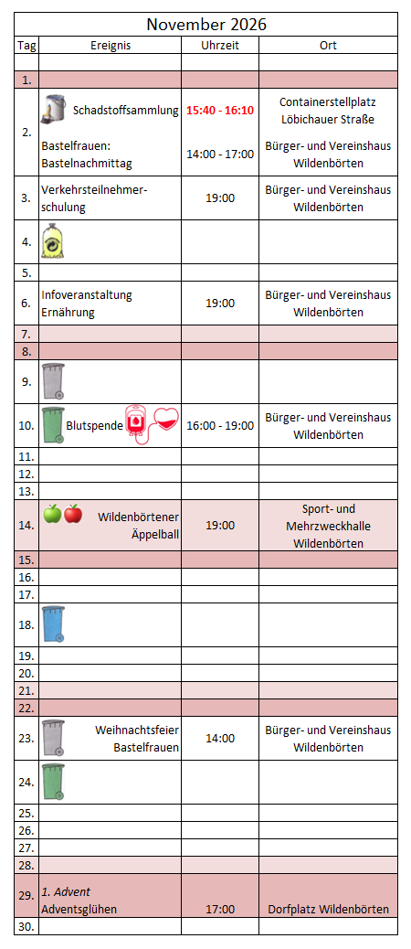 kalendarische Ereignisübersicht November 2026