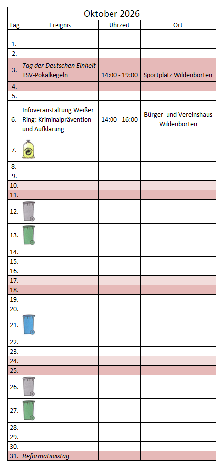 kalendarische Ereignisübersicht Oktober 2026