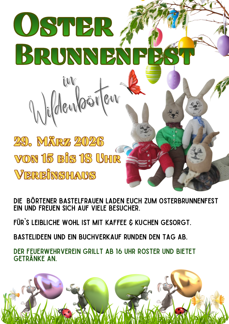 Osterbrunnenfest am Sonntag, 29.03.2026, ab 15:00 Uhr am und im Bürger- und Vereinshaus Wildenbörten