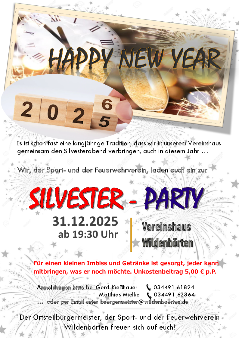 Silvesterparty am 31.12.2025 um 19:30 Uhr im Bürger- und Vereinshaus Wildenbörten