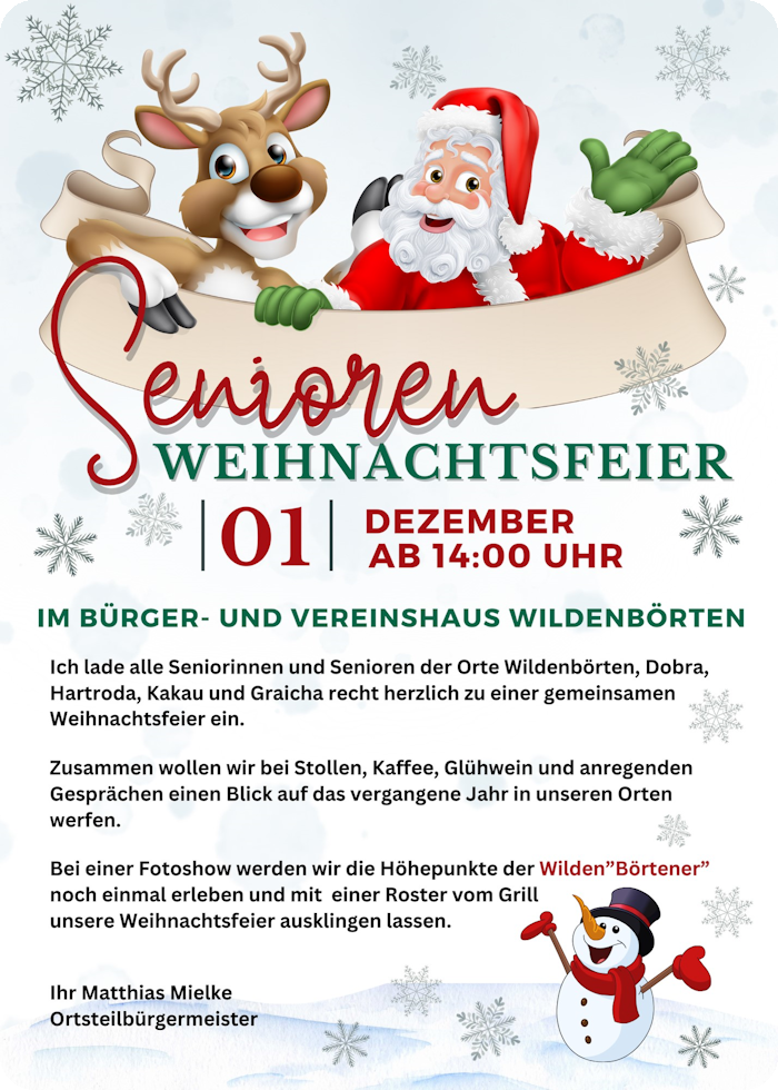 Einladung zur Seniorenweihnachtsfeier am 1. Dezember 2024 im Bürger- und Vereinshaus Wildenbörten