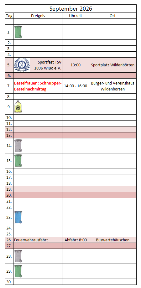 kalendarische Ereignisübersicht September 2026