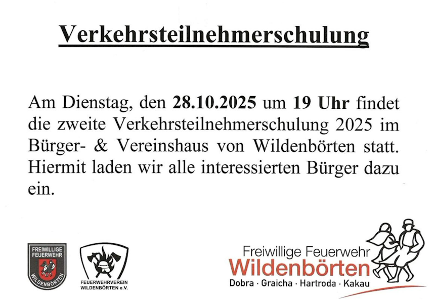Verkehrsteilnehmerschulung am 28.10.2025 um 19:00 Uhr im Bürger- und Vereinshaus Wildenbörten