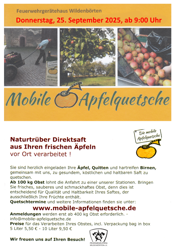 Mobile Apfelquetsche am 25.09.2025 in Wildenbörten am Feuerwehrhaus, Beginn: 9:00 Uhr
