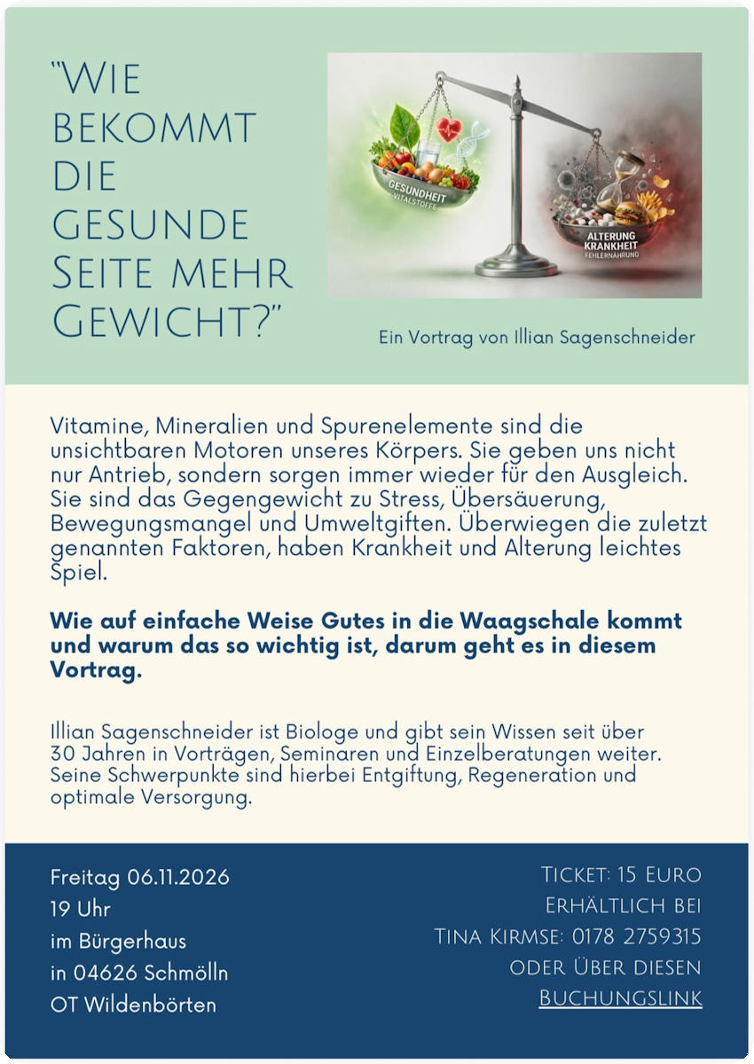 Infoveranstaltung "Wie bekommt die Gesunde Seite mehr Gewicht?" am 6. November 2026 um 19:00 Uhr im Bürger- und Vereinshaus Wildenbörten (Anmeldung erforderlich!)